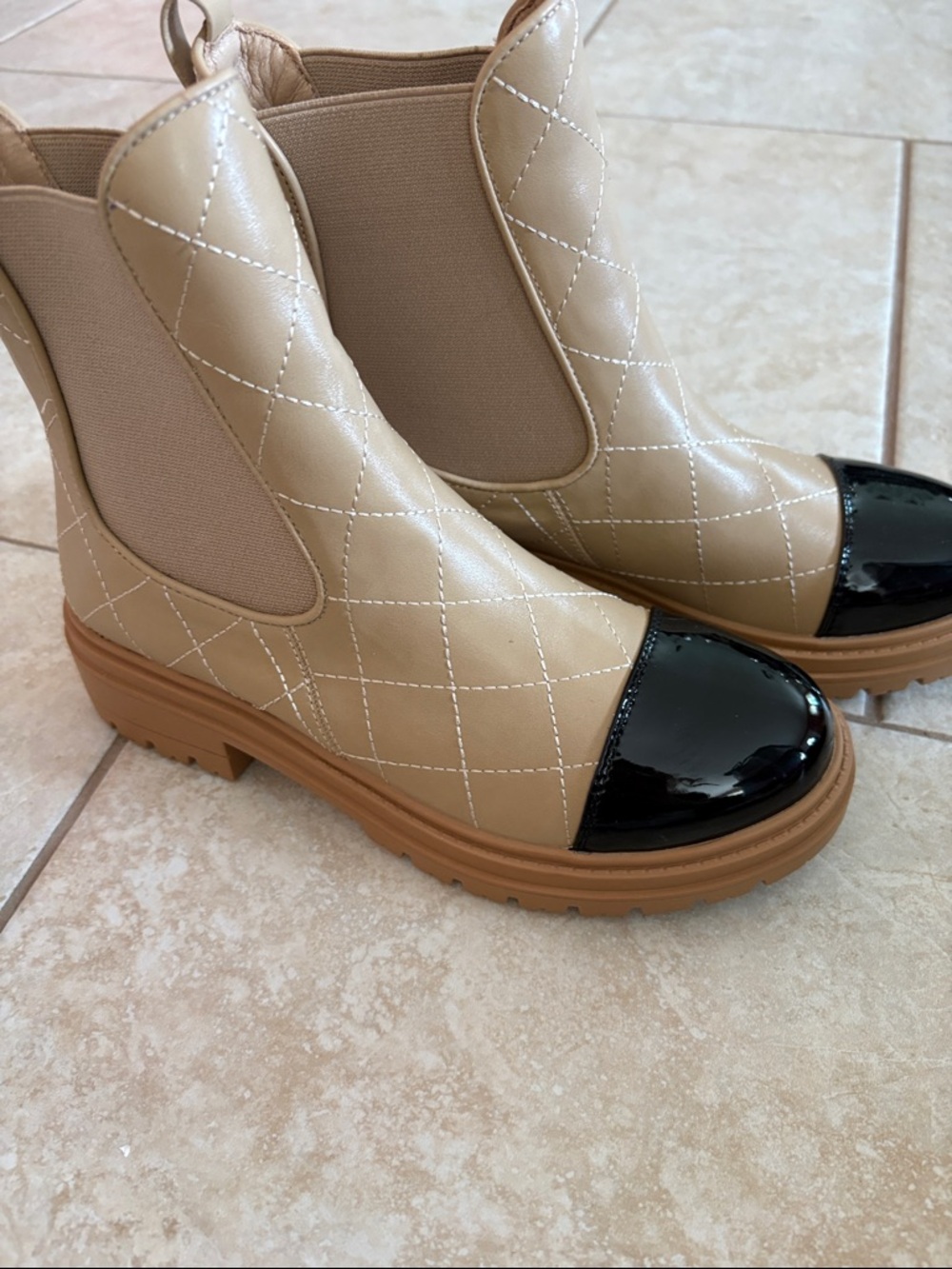 Quilted Chelsea Ankle Boots with Black Patent Cap Toe - Beige